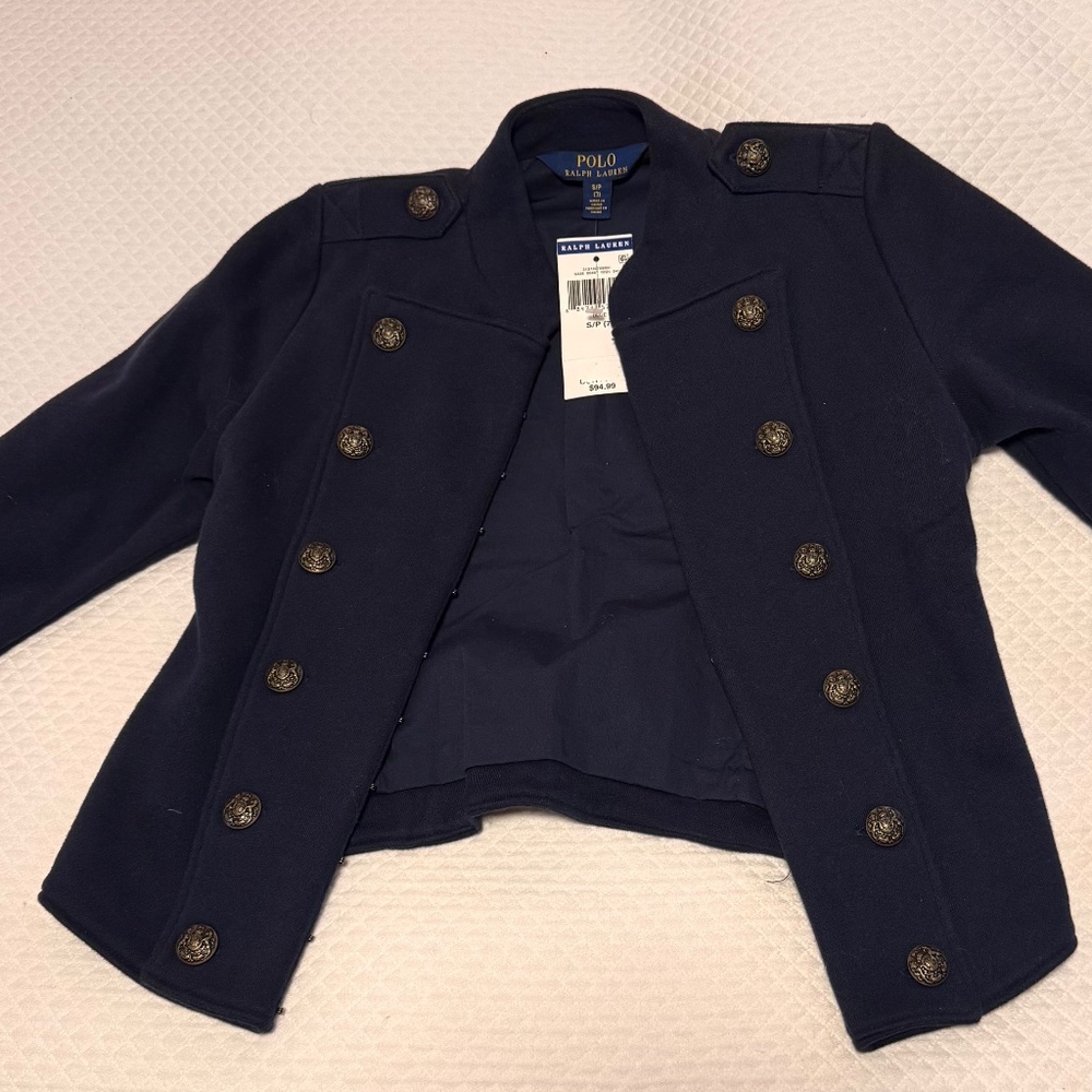 POLO Ralph Lauren Girls Military Jacket 6 Navy Blue Crop Cotton Bronze Button
